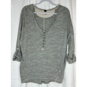 FREE PEOPLE We the Free Beach Haven Henley Striped Button Sleeve Top Size Small